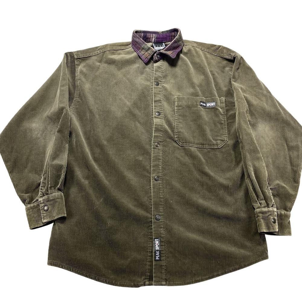 Vintage Peak Sport Shirt Mens Large Green Corduroy Snap Front USA Plaid Collar